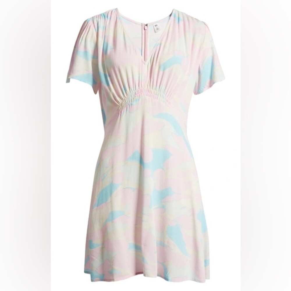 NWT B.P V-neck Short Sleeve Crepe Pink/Blue Painted Camo Mini Dress Size M